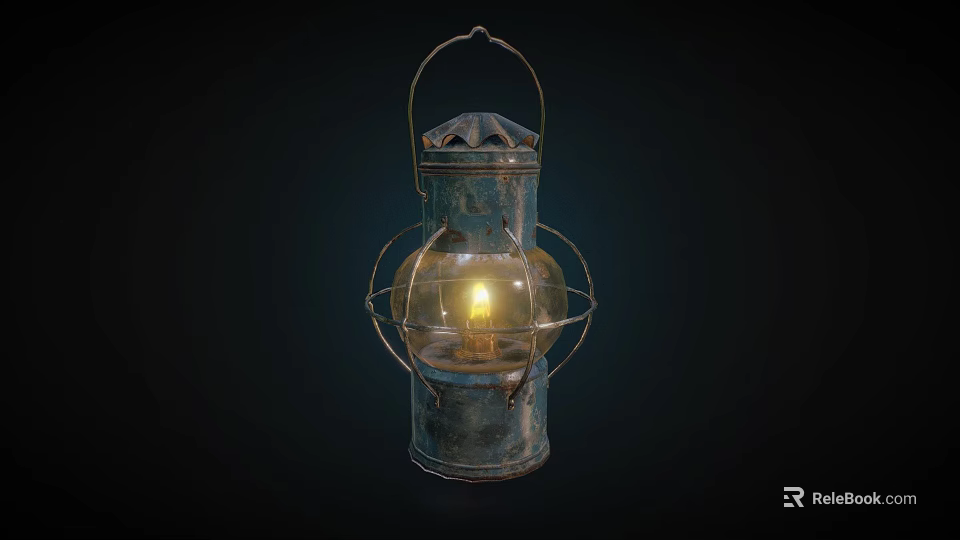 Vintage Metal Candle Lantern With Handle Glass Shade And Burning Glowing Light 3d model 