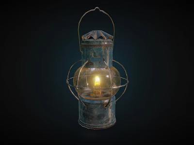 Vintage Metal Candle Lantern With Handle Glass Shade And Burning Glowing Light 3d model
