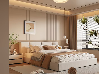 Modern Bedroom Interior With Beige Walls Upholstered Headboard Bedside Tables Green Plants And Area Rug 3d model