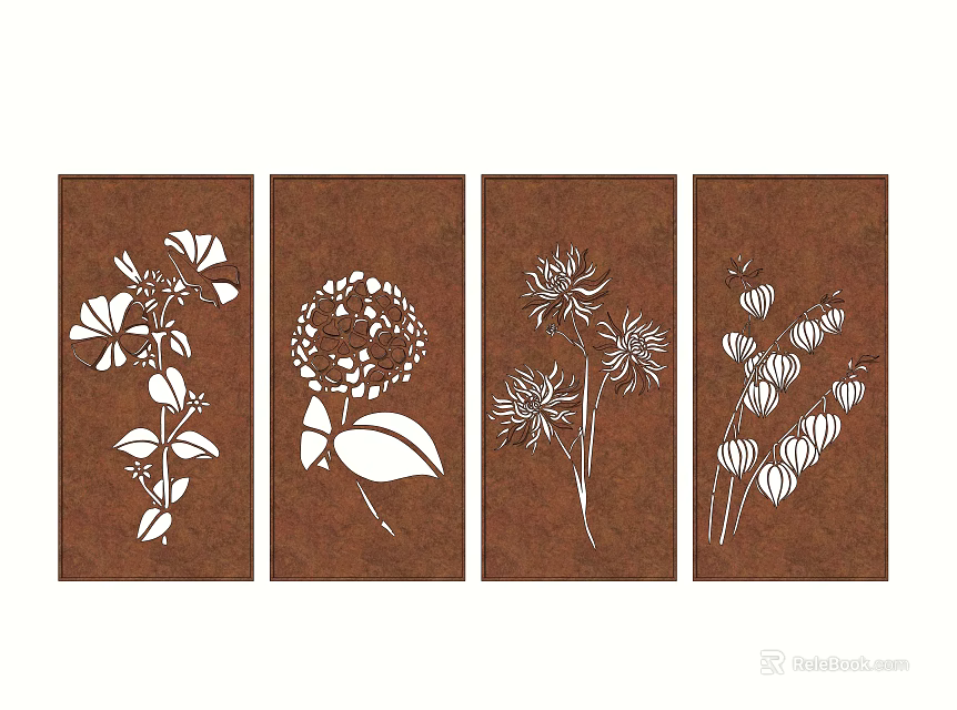 Decorative Feature Wall with Four Panels White Floral Patterns on Brown Background 3d model