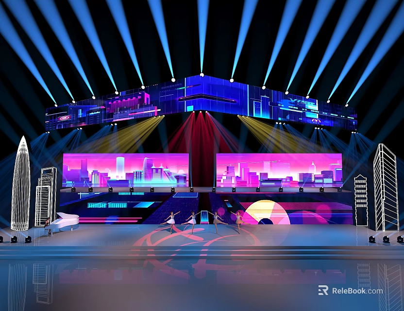 Modern Stage Setup With Blue Purple Lights Large Cityscape Screens And Reflective Floor 3d model 