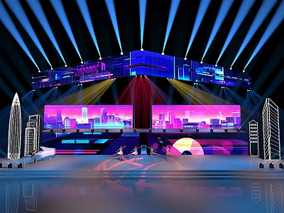 Modern Stage Setup With Blue Purple Lights Large Cityscape Screens And Reflective Floor 3d model
