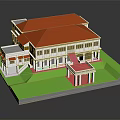 White Building Model With Red Roof Windows And Green Lawn Base
