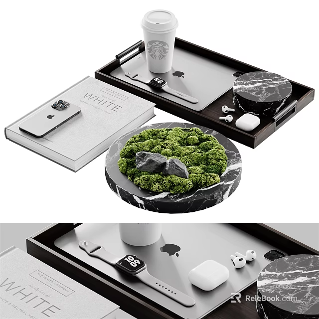 Ornamental Decor Combination With Marble Tray Moss Decoration Book And Phone 3d model 