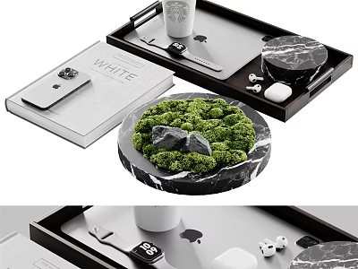 Ornamental Decor Combination With Marble Tray Moss Decoration Book And Phone 3d model
