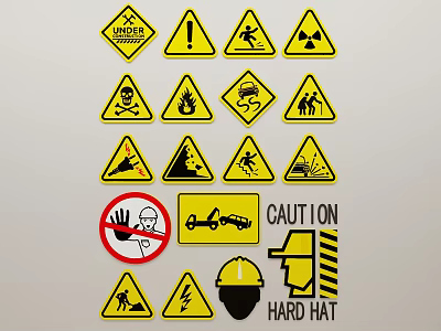 Various Safety Warning Signs Including Biohazard Radiation Slip Hazard No Touch And Hard Hat Icons 3d model