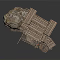 Tribal Rustic Wooden Structure With Rock Base Thatched Roof Red Doors And Fence