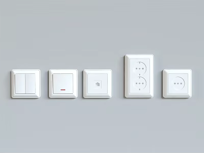 White Switch Panels with Multiple Functions Including Sockets and Switches Mounted on Grey Wall 3d model