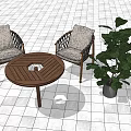 Outdoor Patio Leisure Chairs With Wooden Frame Light Cushions Round Table And Large Plant
