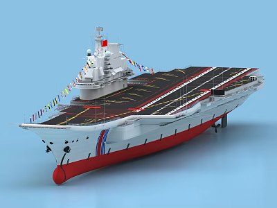 Modern Aircraft Carrier With Long Flight Deck Island Superstructure And Colorful Banners On Hull 3d model