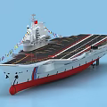 Modern Aircraft Carrier With Long Flight Deck Island Superstructure And Colorful Banners On Hull