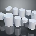 White Food Cans In Various Sizes Arranged On Dark Reflective Surface 3d model
