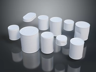 White Food Cans In Various Sizes Arranged On Dark Reflective Surface 3d model