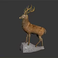 Detailed Deer Sculpture With Antlers Standing On Gray Stone Base Decor