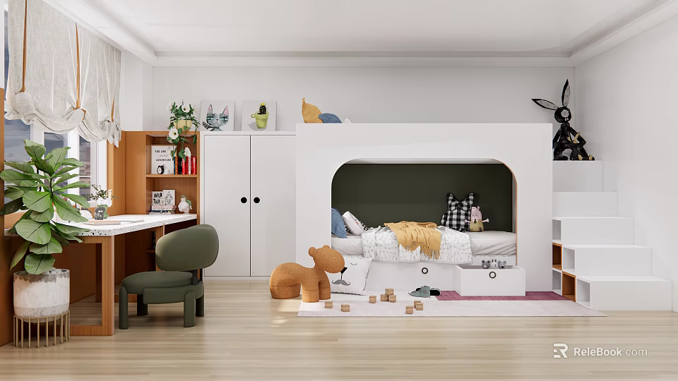 Kids Room Interior Featuring Built In Bed Study Desk Green Chair And Building Blocks 3d model 