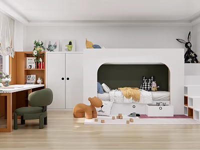 Kids Room Interior Featuring Built In Bed Study Desk Green Chair And Building Blocks 3d model