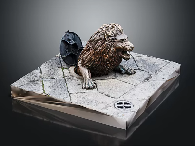 Detailed Bronze Lion Statue On Stone Platform With Shield Decoration 3d model