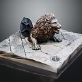 Detailed Bronze Lion Statue On Stone Platform With Shield Decoration