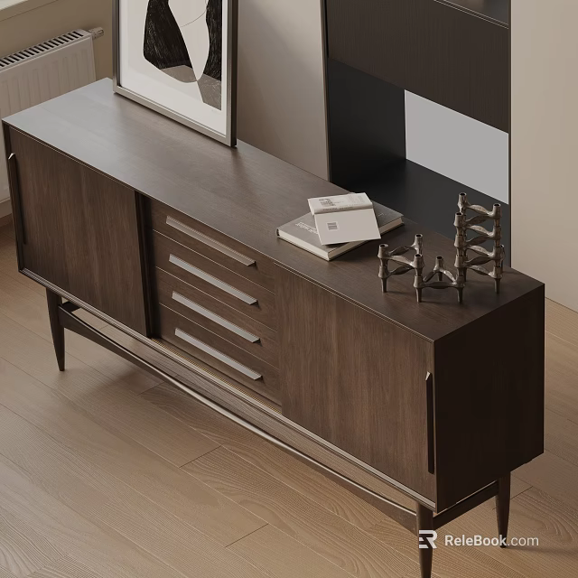 Modern Dark Wood Console Table With Sleek Cabinet Doors Drawers And Decorative Books 3d model 