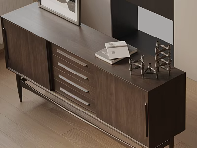 Modern Dark Wood Console Table With Sleek Cabinet Doors Drawers And Decorative Books 3d model