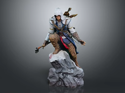 Game Movie Character in White Hood Assassin Outfit Standing On Rock Base With Weapon Statue 3d model