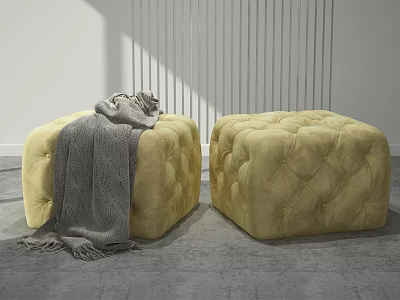 Two Yellow Tufted Velvet Ottomans With Gray Blanket In Modern Interior Design 3d model
