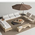 Outdoor Sofa with Umbrella Wicker Chairs and Coffee Table in Wooden Lounge Area
