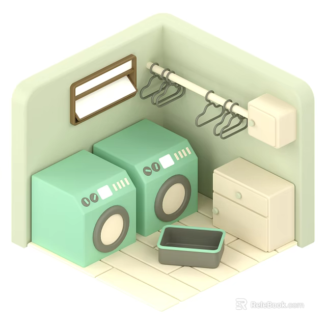 Smart Machines Laundry Room Interior With Two Green Washers Clothes Rack And Beige Cabinet 3d model 