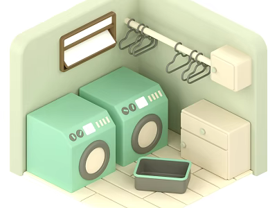 Smart Machines Laundry Room Interior With Two Green Washers Clothes Rack And Beige Cabinet 3d model