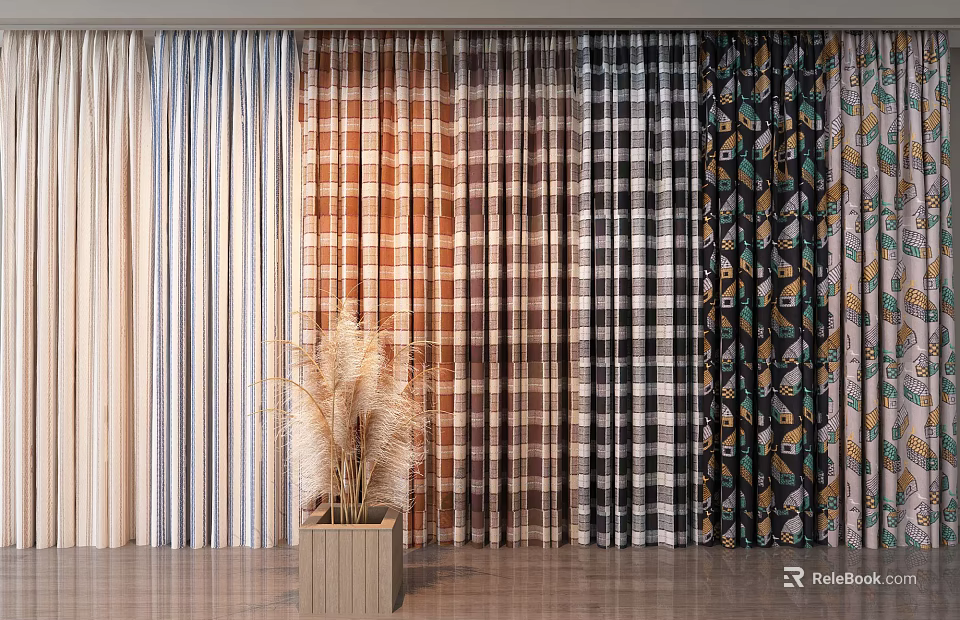 Various Curtains With Plaid Striped And Floral Patterns Displayed In Interior 3d model 