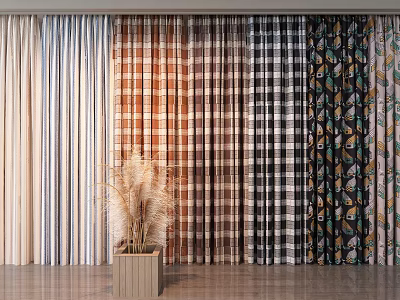 Various Curtains With Plaid Striped And Floral Patterns Displayed In Interior 3d model