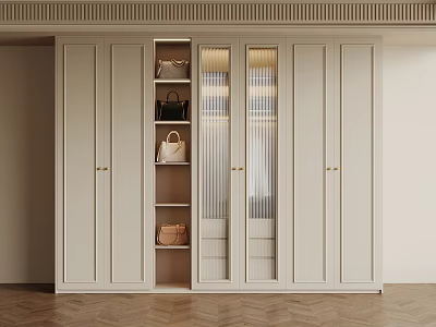 Modern Beige Wardrobe With Glass Doors Gold Handles And Shelf Storage For Bags 3d model