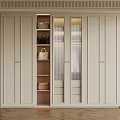 Modern Beige Wardrobe With Glass Doors Gold Handles And Shelf Storage For Bags
