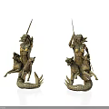 Woman Statues In Golden Finish Riding Mythical Creatures With Fish Tails And Spears