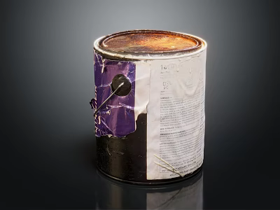 Old Rusted Paint Can With Torn Purple White Label And Rusty Top 3d model