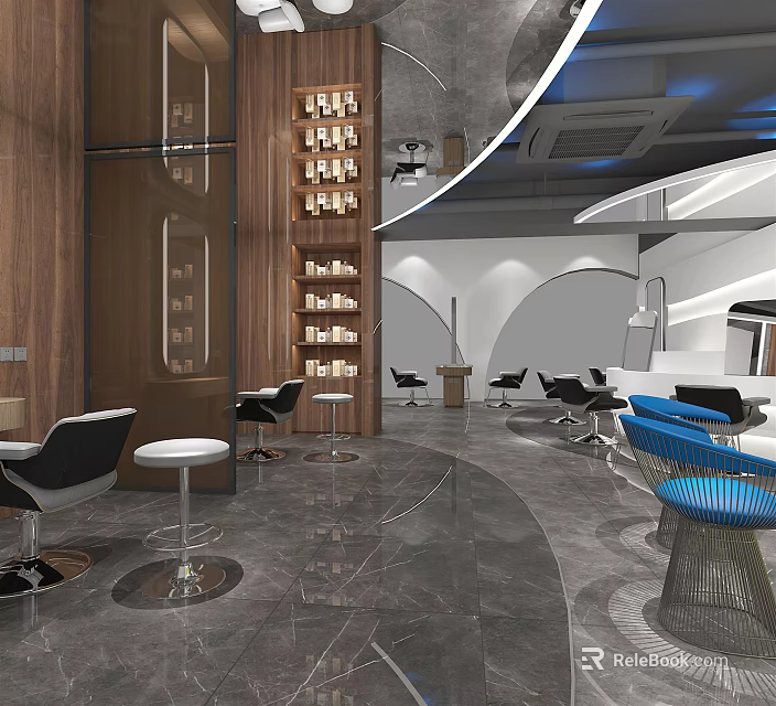 Modern Hair Salon Interior Design Featuring Stylish Chairs Display Shelves And Marble Flooring 3d model 