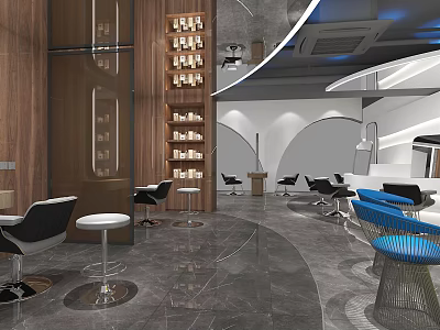 Modern Hair Salon Interior Design Featuring Stylish Chairs Display Shelves And Marble Flooring 3d model