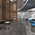 Modern Hair Salon Interior Design Featuring Stylish Chairs Display Shelves And Marble Flooring