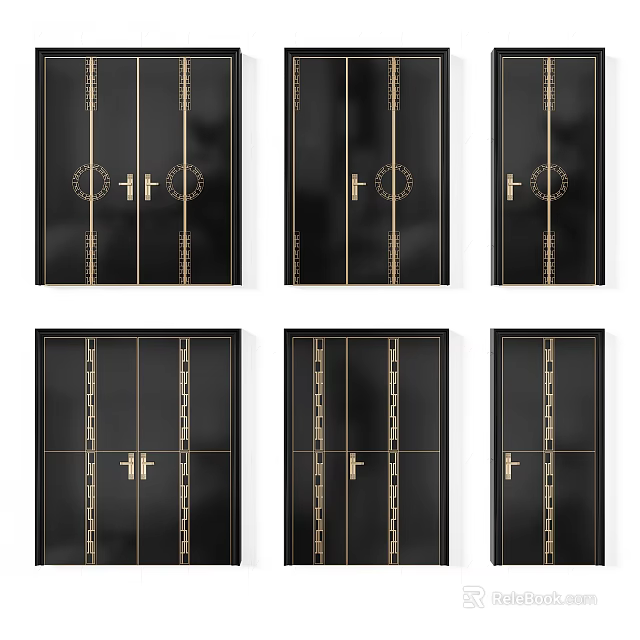 Elegant Modern Double Doors In Various Styles With Black Finish And Golden Accents 3d model 