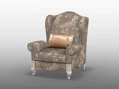 Floral Pattern Accent Chair With Armrests Gold Cushion And White Wooden Legs 3d model