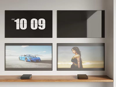 Multiple Wall Mounted TVs Displaying Blue Car Time And Beach View With Shelf 3d model
