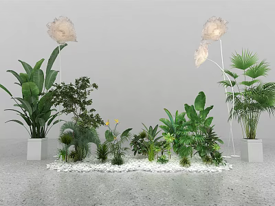 Modern Indoor Greenery Display With Various Plants White Planters Lights And Pebbles 3d model