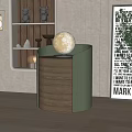 Modern Wooden Bedside Table With Green Accents Round White Moon Like Top And Framed Art