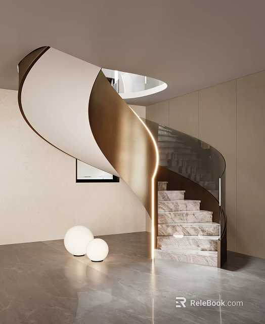 Modern Spiral Staircase Interior Design With Illuminated Bronze Handrail Marble Steps And Glass Railing 3d model 