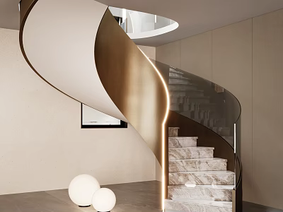 Modern Spiral Staircase Interior Design With Illuminated Bronze Handrail Marble Steps And Glass Railing 3d model