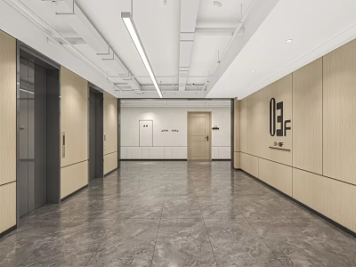 School Corridor With Modern Design Wooden Walls Elevators And Marble Flooring 3d model