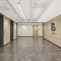 School Corridor With Modern Design Wooden Walls Elevators And Marble Flooring