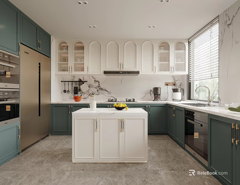 Modern Kitchen With Dark Green Cabinets White Island Marble Countertops Appliances And Blinds 3d model 