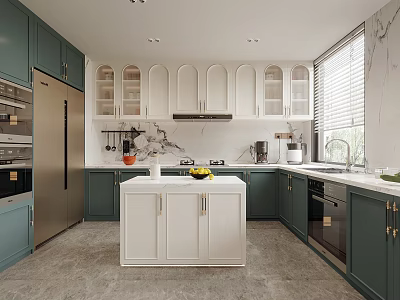 Modern Kitchen With Dark Green Cabinets White Island Marble Countertops Appliances And Blinds 3d model