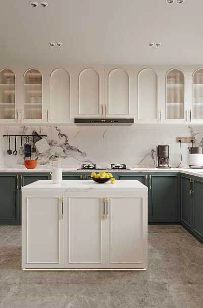 Modern Kitchen With Dark Green Cabinets White Island Marble Countertops Appliances And Blinds 3d model